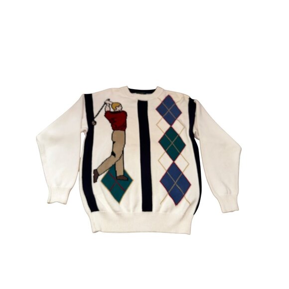 Vintage Jantzen Golf Graphic Knit Sweater Novelty Argyle Design Medium Preppy - Picture 1 of 6